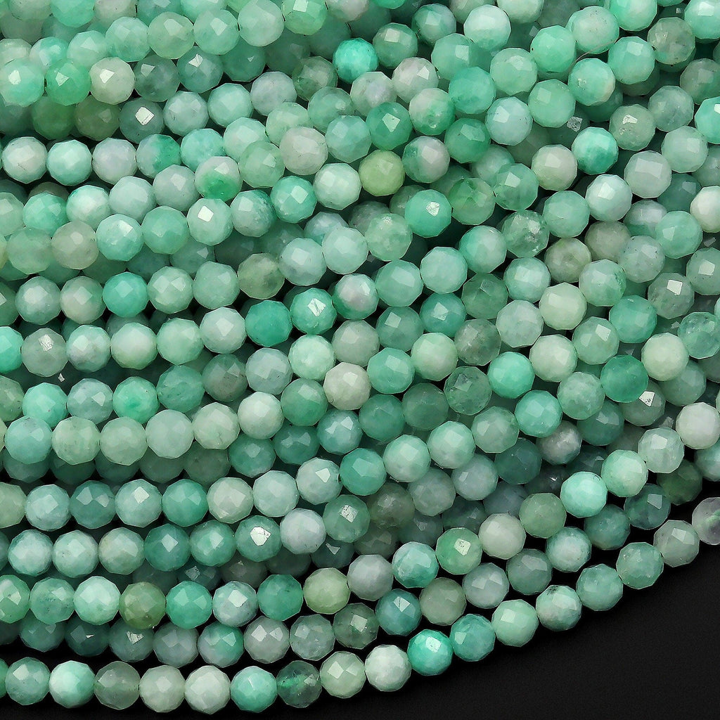 AAA Real Genuine Natural Colombia Green Emerald Gemstone Faceted 3mm 4mm Round Beads Laser Diamond Cut Gemstone May Birthstone 15.5" Strand