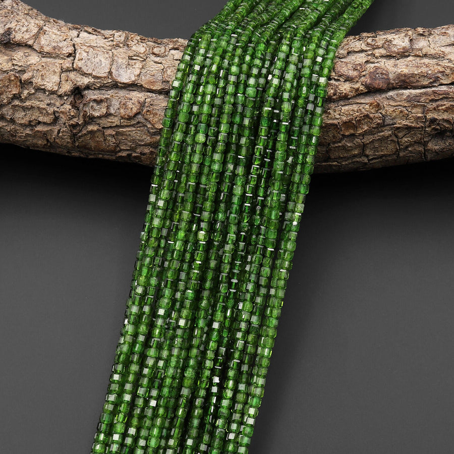 AAA Real Genuine Natural Green Chrome Diopside Faceted 2mm Cube Dice Square Gemstone Beads 15.5" Strand