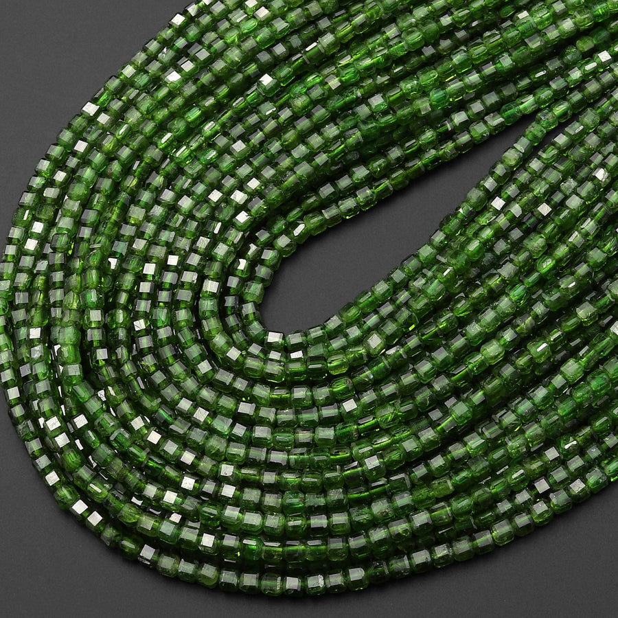 AAA Real Genuine Natural Green Chrome Diopside Faceted 2mm Cube Dice Square Gemstone Beads 15.5" Strand