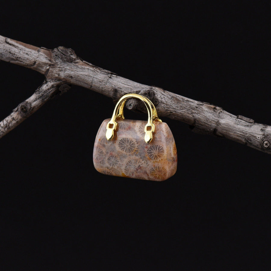 Hand Carved Natural Indonesian Fossil Coral Focal Pendant Bead Purse Miniature Handbag Style OP0021