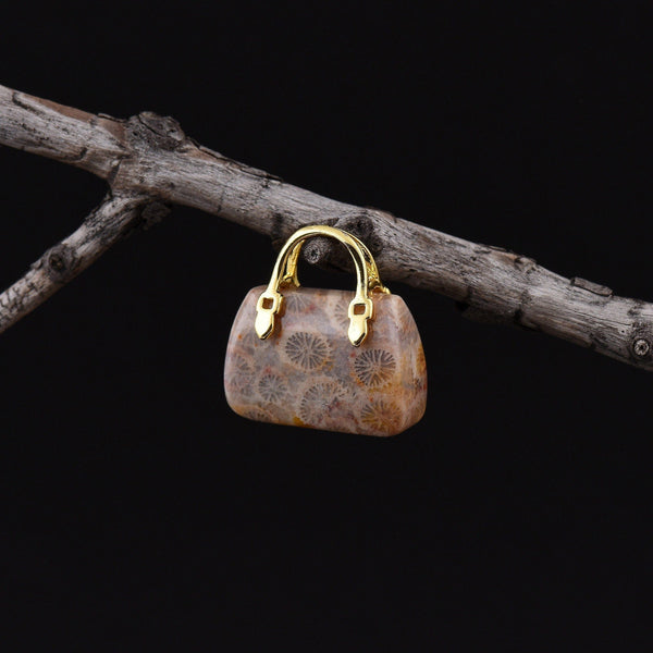 Hand Carved Natural Indonesian Fossil Coral Focal Pendant Bead Purse Miniature Handbag Style OP0021