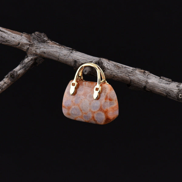 Hand Carved Natural Indonesian Fossil Coral Focal Pendant Bead Purse Miniature Handbag Style OP0022