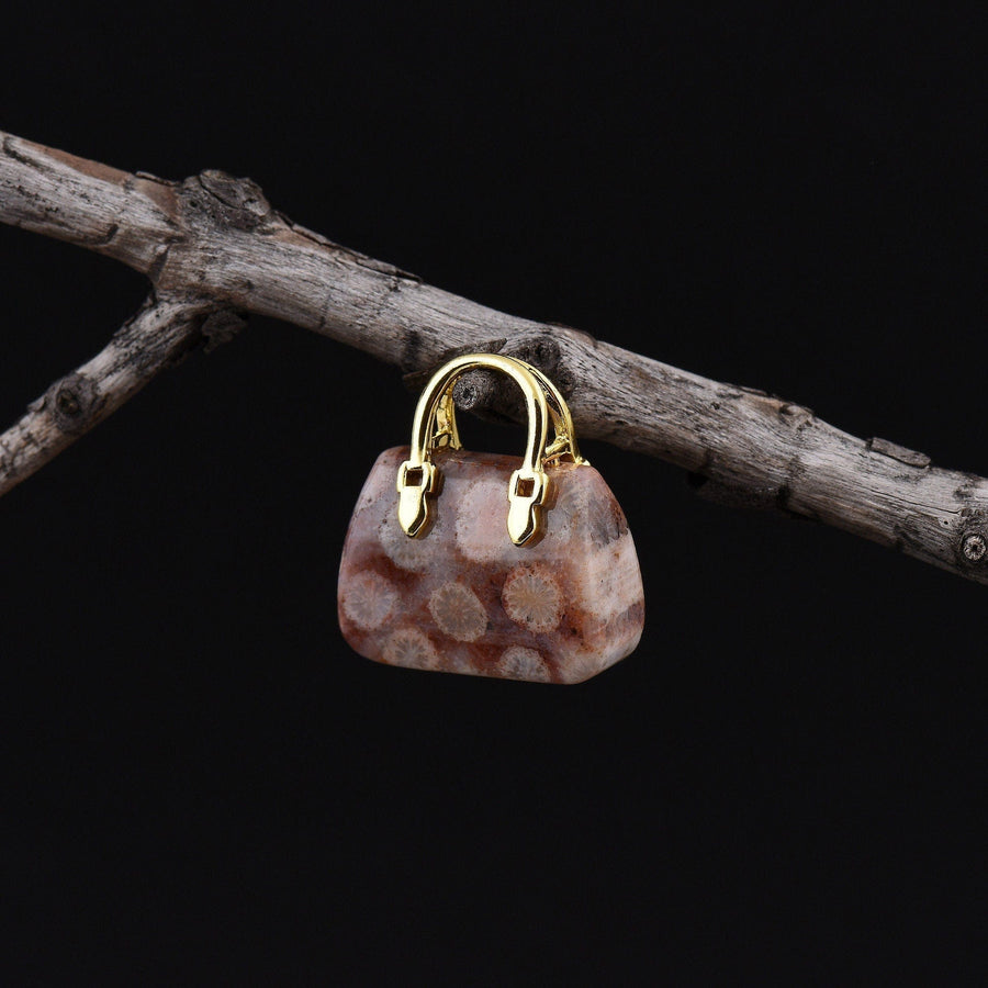 Hand Carved Natural Indonesian Fossil Coral Focal Pendant Bead Purse Miniature Handbag Style OP0026