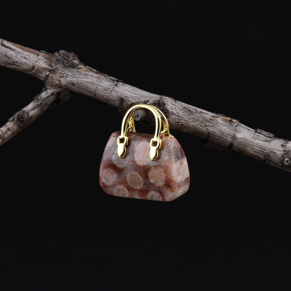 Hand Carved Natural Indonesian Fossil Coral Focal Pendant Bead Purse Miniature Handbag Style OP0026