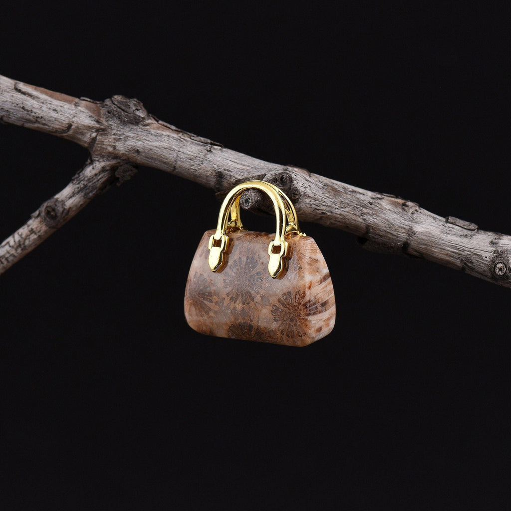 Hand Carved Natural Indonesian Fossil Coral Focal Pendant Bead Purse Miniature Handbag Style OP0042