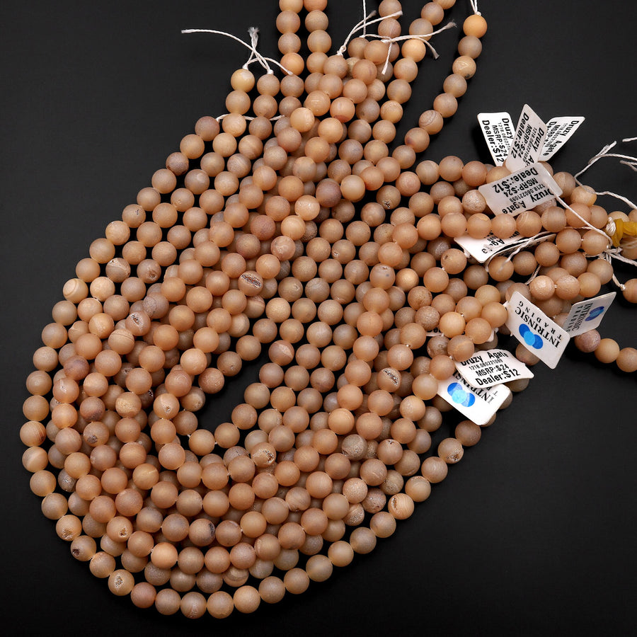 Matte Orange Peach Druzy Agate 8mm Round Beads With Sparkling Quartz Crystal Cave 15.5" Strand