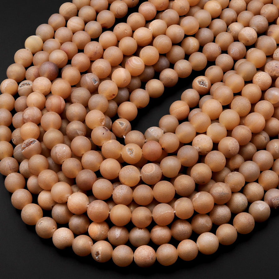 Matte Orange Peach Druzy Agate 8mm Round Beads With Sparkling Quartz Crystal Cave 15.5" Strand