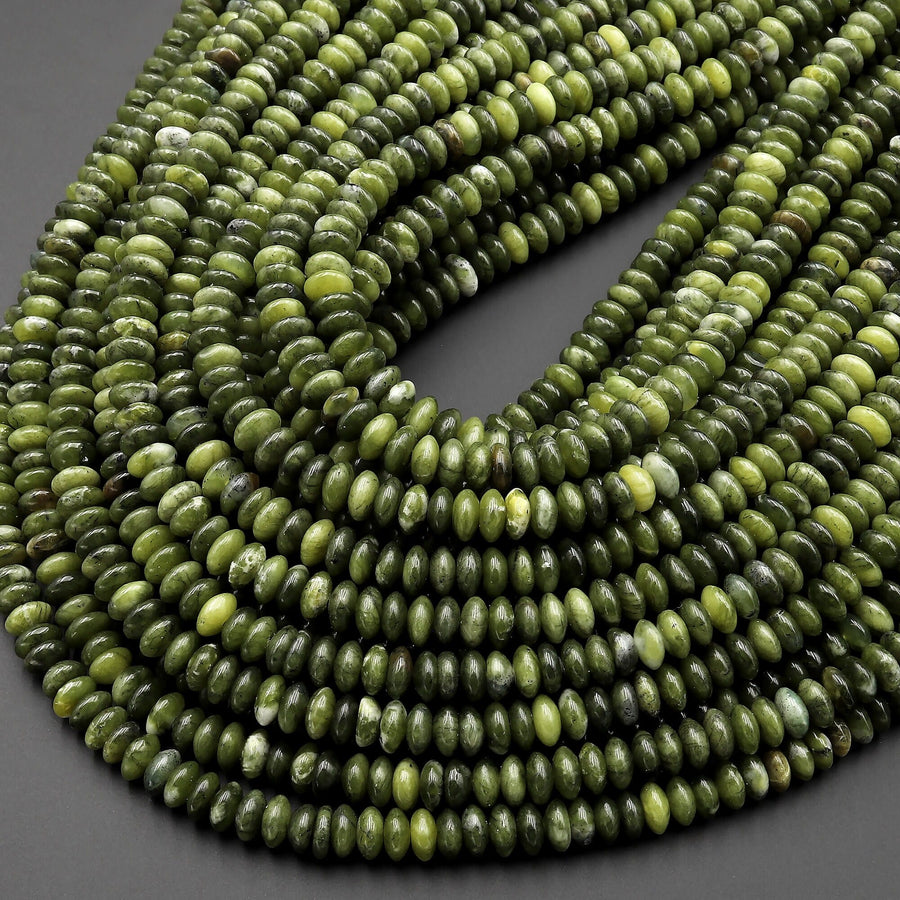 Natural Russian Green Serpentine Jade Beads 6mm Thin Rondelle 15.5" Strand