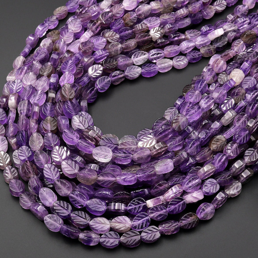 Natural Purple Amethyst Hand Carved Leaf Gemstone Beads 15.5" Strand