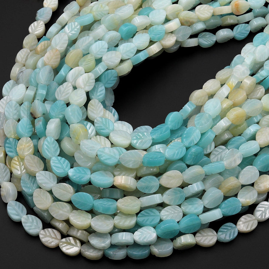 Natural Amazonite Hand Carved Leaf Gemstone Beads 15.5" Strand