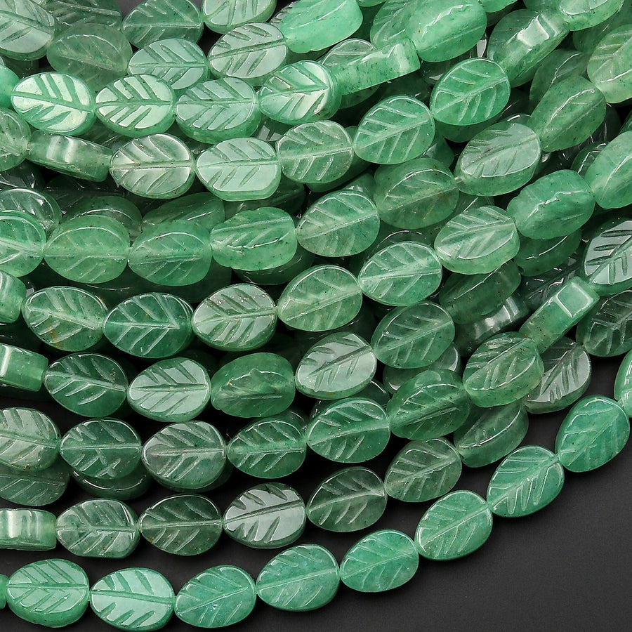 Natural Green Aventurine Hand Carved Leaf Gemstone Beads 15.5" Strand