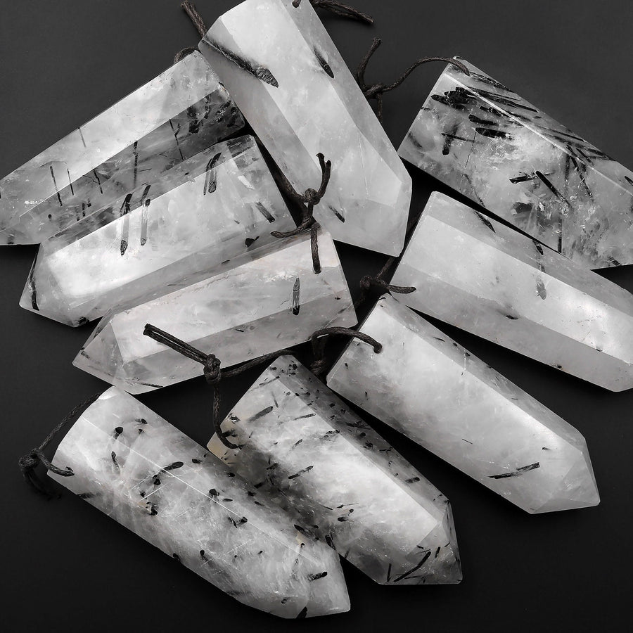 Natural Black Tourmaline Rutilated Quartz Obelisk Point Pendant Side Drilled Crystal Tower