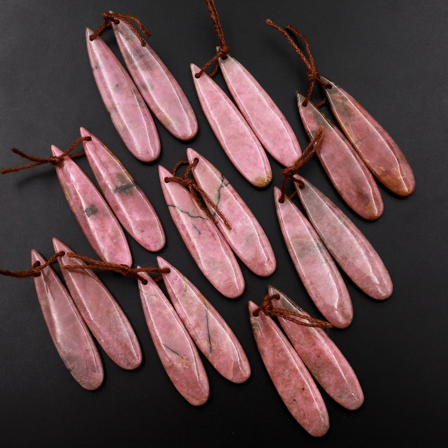 Natural Pink Rhodonite Earring Pair Teardrop Cabochon Drilled Matched Gemstone Bead Pair