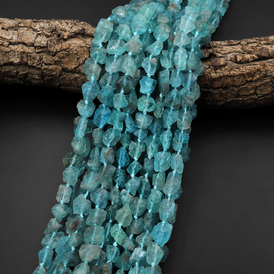 Natural Apatite Freeform Beads Nuggets Gemmy Translucent Raw Rough Teal Blue Gemstone Hand Hammered 15.5" Strand