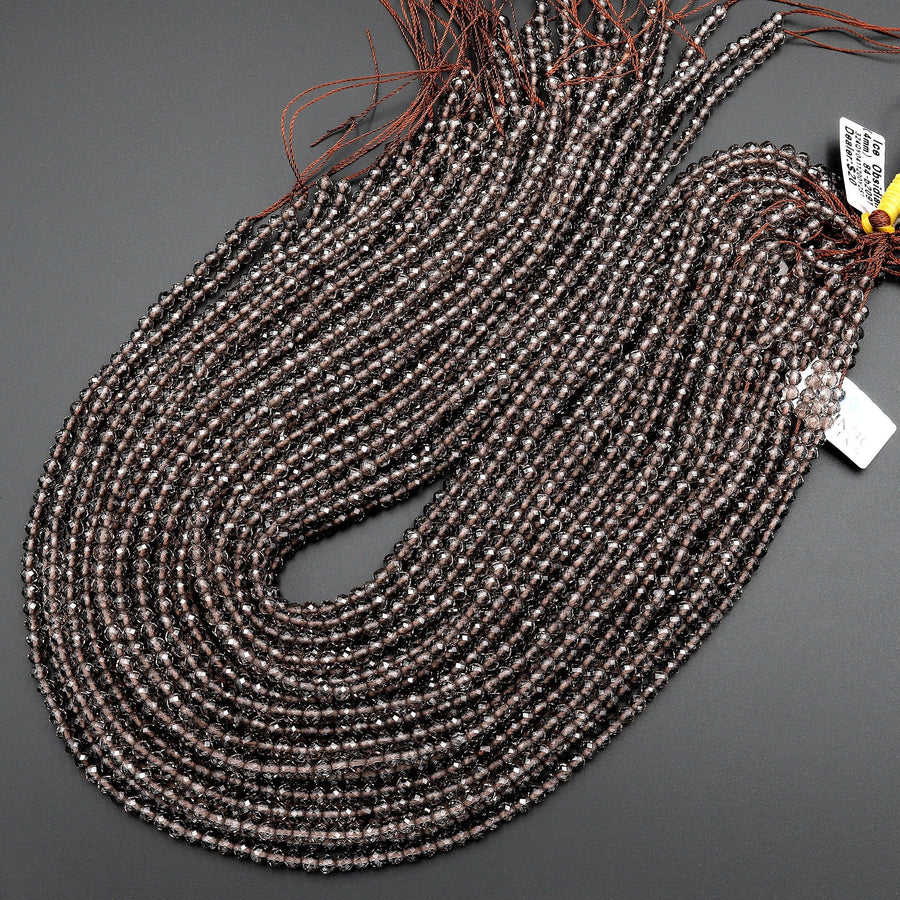 Faceted Natural Ice Obsidian Round Beads 2mm 3mm 4mm Gemstone 15.5" Strand