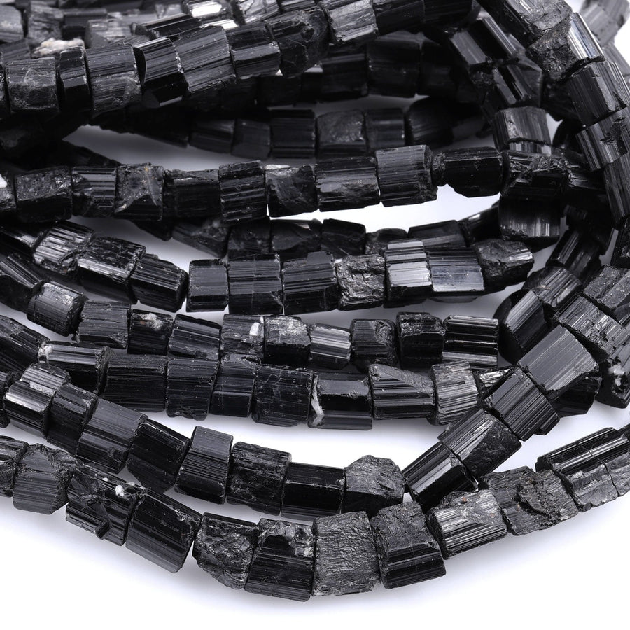 Raw Natural Black Tourmaline Beads Short Cylinder Tube Nugget Real Genuine Black Tourmaline Crystal Shaped Gemstones 17" Strand
