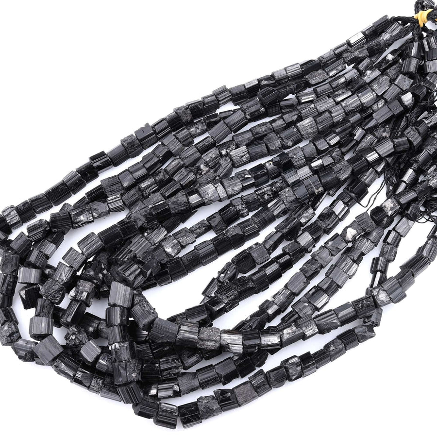 Raw Natural Black Tourmaline Beads Short Cylinder Tube Nugget Real Genuine Black Tourmaline Crystal Shaped Gemstones 17" Strand