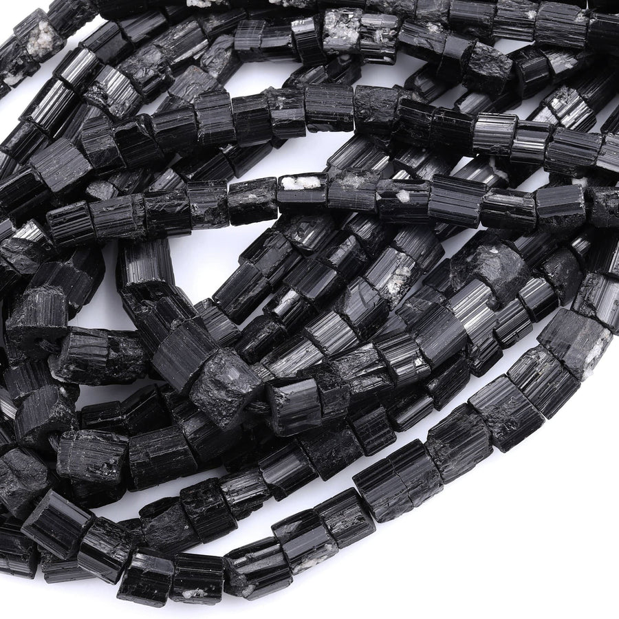 Raw Natural Black Tourmaline Beads Short Cylinder Tube Nugget Real Genuine Black Tourmaline Crystal Shaped Gemstones 17" Strand