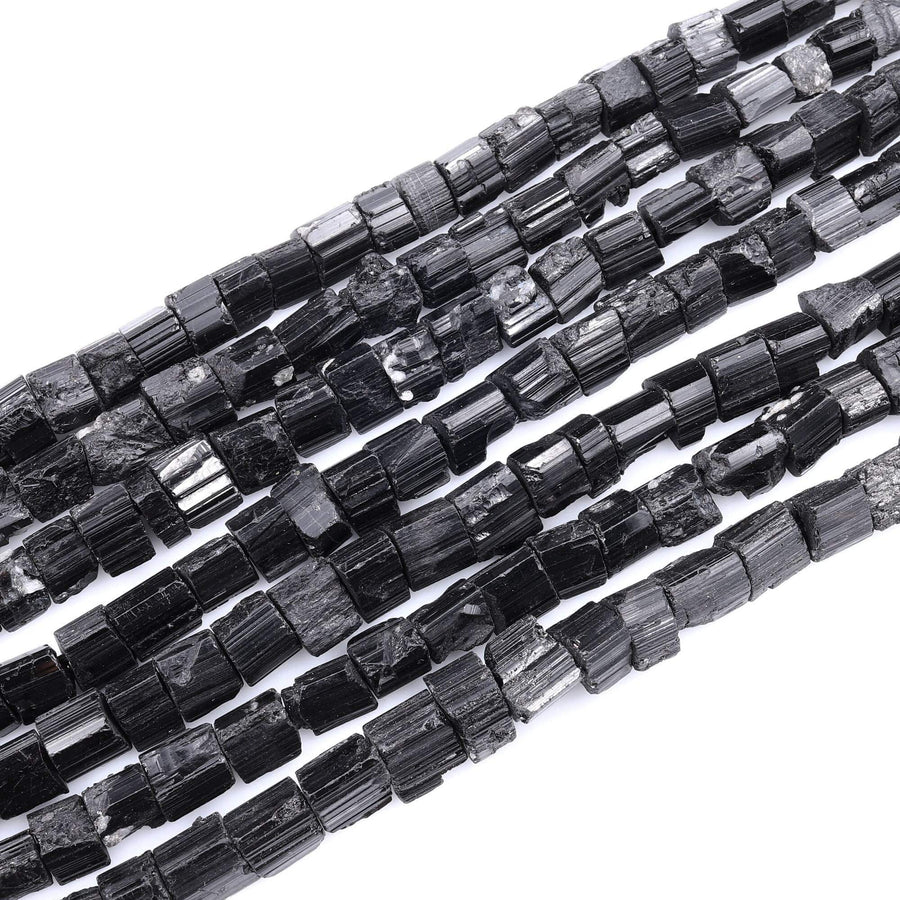 Raw Natural Black Tourmaline Beads Short Cylinder Tube Nugget Real Genuine Black Tourmaline Crystal Shaped Gemstones 17" Strand