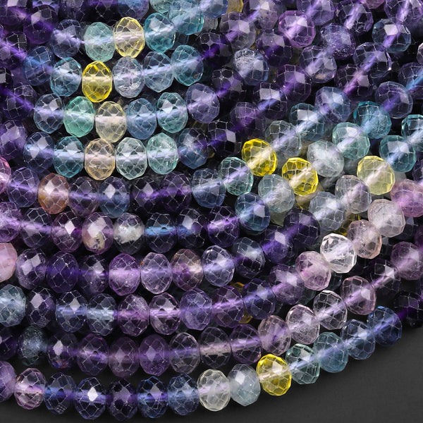 AAA Natural Multicolor Fluorite Faceted 6mm Rondelle Beads Micro Laser Cut Purple Yellow Green Gemstone 15.5" Strand