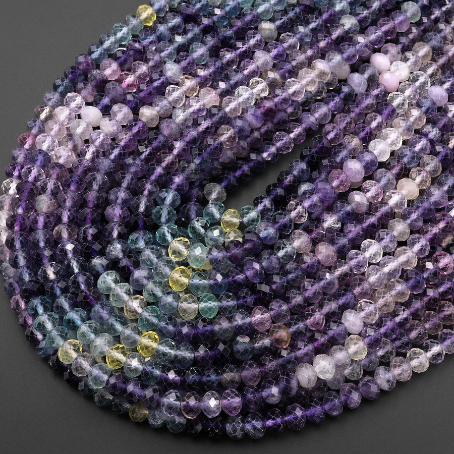 AAA Natural Multicolor Fluorite Faceted 6mm Rondelle Beads Micro Laser Cut Purple Yellow Green Gemstone 15.5" Strand