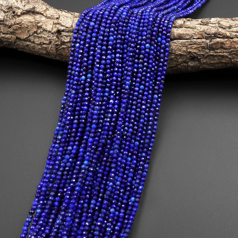 AAA Micro Faceted Natural Blue Lapis Lazuli Round Beads 3mm 4mm Diamond Cut Gemstone 15.5" Strand