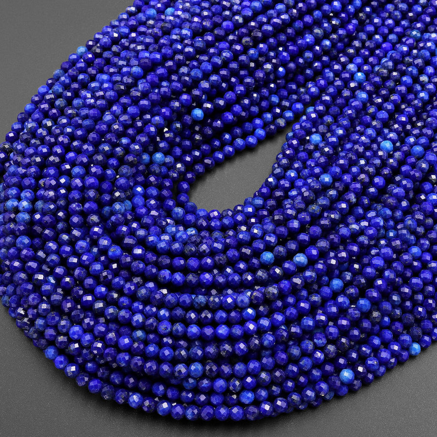 AAA Micro Faceted Natural Blue Lapis Lazuli Round Beads 3mm 4mm Diamond Cut Gemstone 15.5" Strand