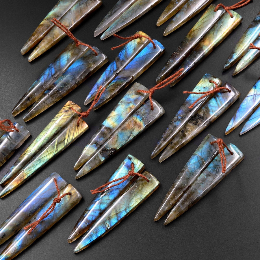 Flashy Natural Labradorite Earring Pair Long Triangle Dagger Drilled Matched Gemstone Beads