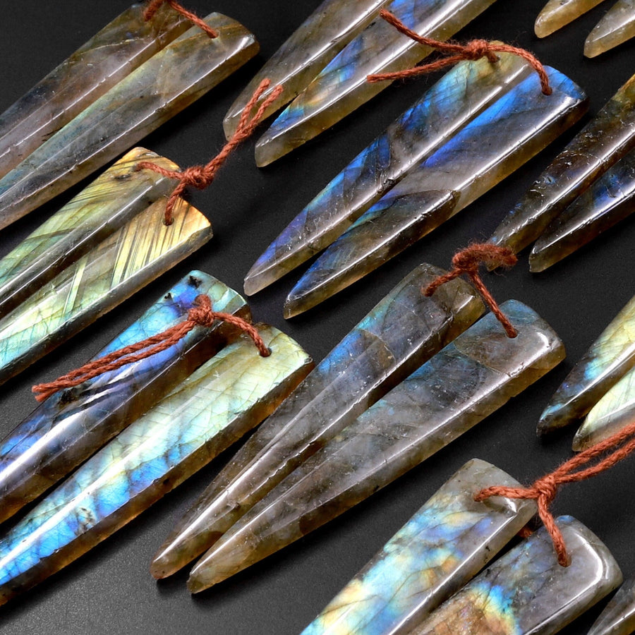 Flashy Natural Labradorite Earring Pair Long Triangle Dagger Drilled Matched Gemstone Beads