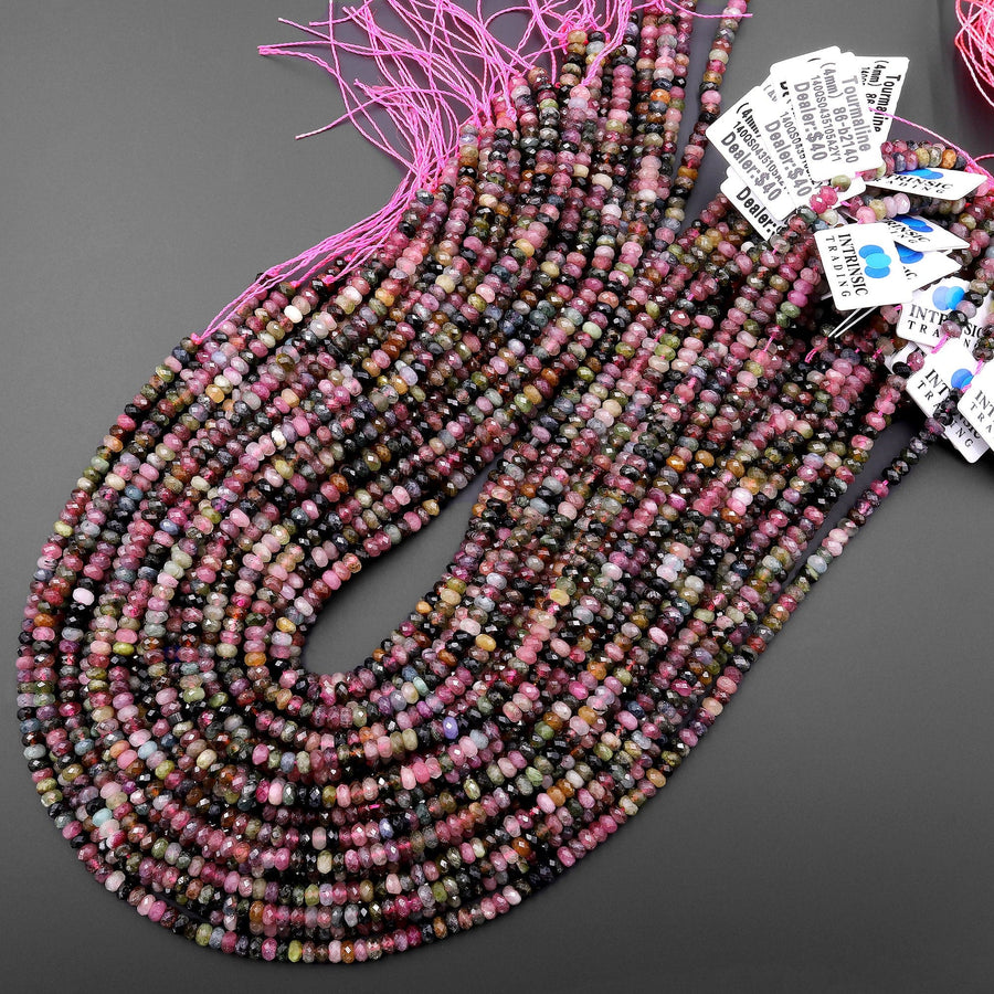 Faceted Natural Watermelon Pink Green Tourmaline Gemstone Rondelle Beads 4mm Gemstone 15.5" Strand