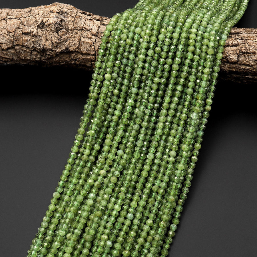 Rare Faceted Natural Green Apatite 4mm Gemstone Round Beads 15.5" Strand