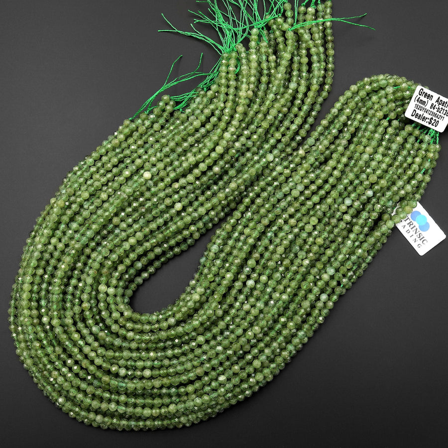 Rare Faceted Natural Green Apatite 4mm Gemstone Round Beads 15.5" Strand