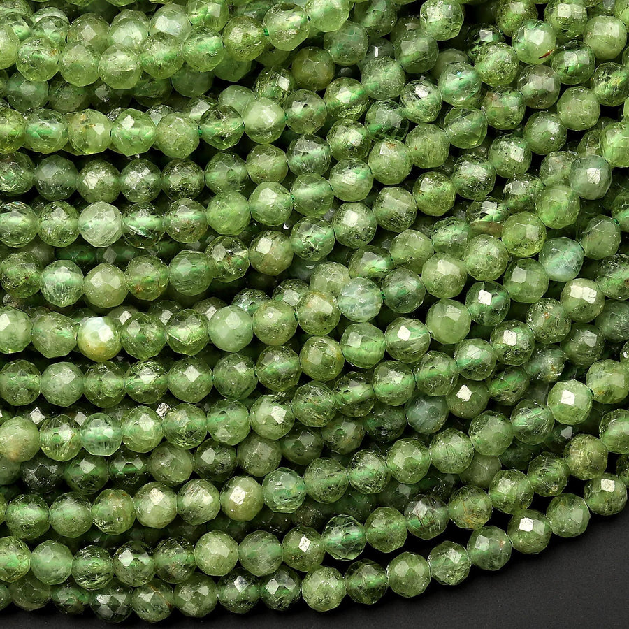 Rare Faceted Natural Green Apatite 4mm Gemstone Round Beads 15.5" Strand