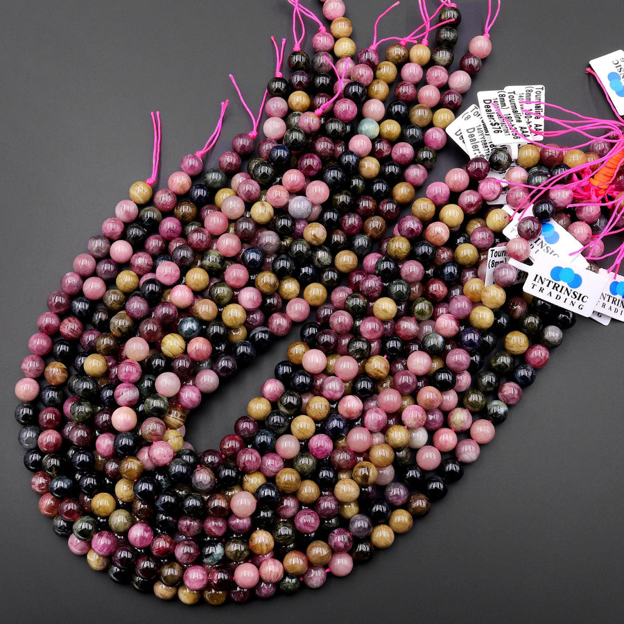 AAA Natural Multicolor Pink Green Cognac Tourmaline Round Beads 6mm 8mm 10mm Gemstone 15.5" Strand