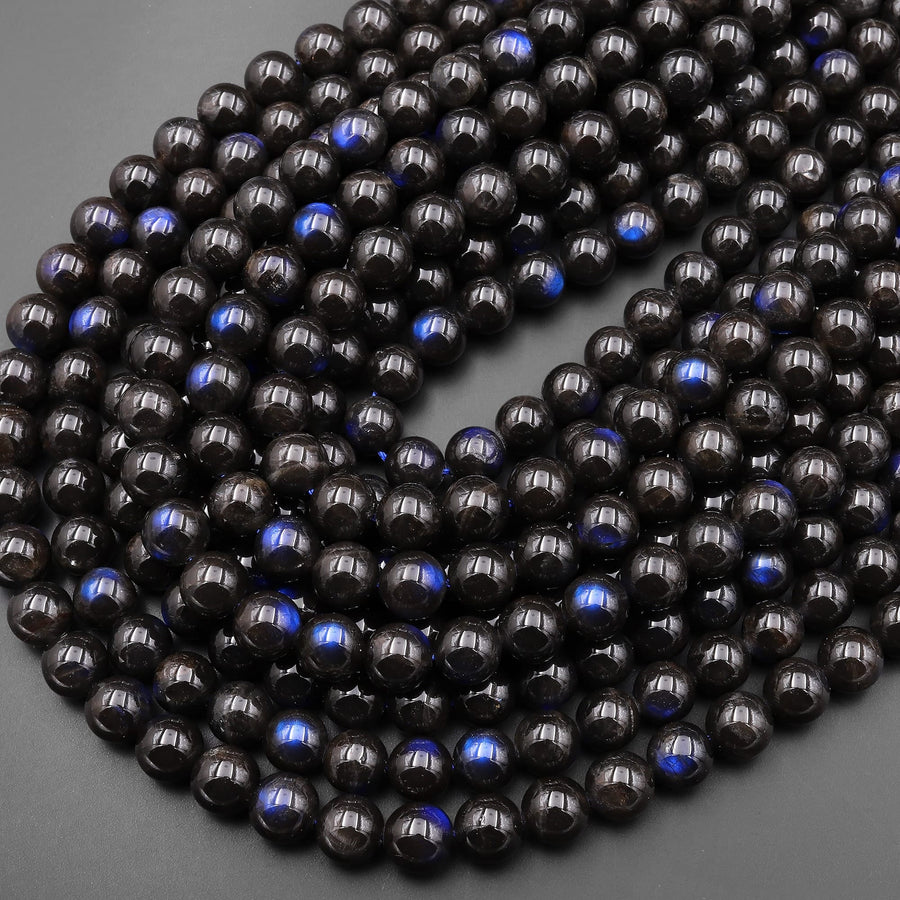 AAA Rare Natural Black Labradorite Smooth Round Beads 4mm 6mm 8mm 10mm Blue Flashes 15.5" Strand