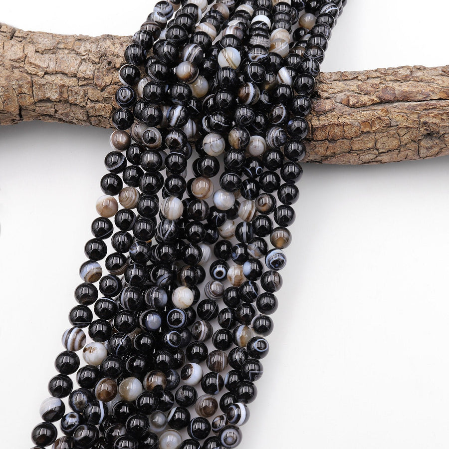 Natural Black Sardonyx Agate 4mm 6mm 8mm 10mm Round Beads Sulemani Hakik Antique Boho Mala 15.5" Strand