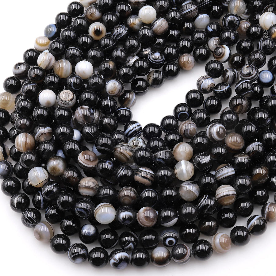 Natural Black Sardonyx Agate 4mm 6mm 8mm 10mm Round Beads Sulemani Hakik Antique Boho Mala 15.5" Strand
