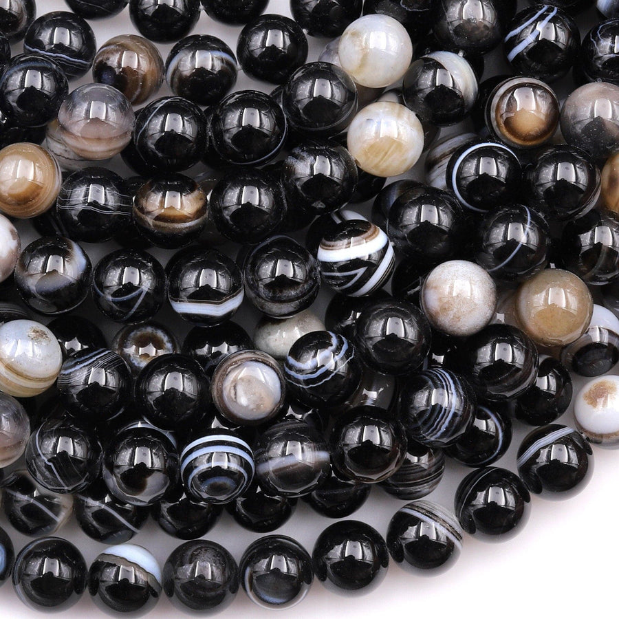 Natural Black Sardonyx Agate 4mm 6mm 8mm 10mm Round Beads Sulemani Hakik Antique Boho Mala 15.5" Strand