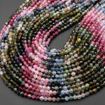 AAA Natural Tourmaline Micro Faceted 4mm Round Multicolor Pink Green Blue Gemstone Beads 15.5" Strand