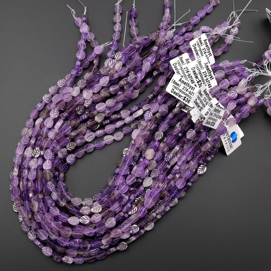 Natural Purple Amethyst Hand Carved Leaf Gemstone Beads 15.5" Strand