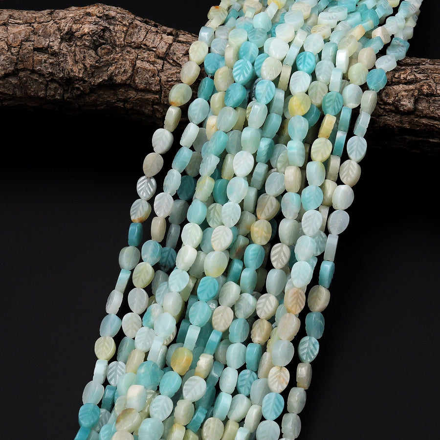 Natural Amazonite Hand Carved Leaf Gemstone Beads 15.5" Strand