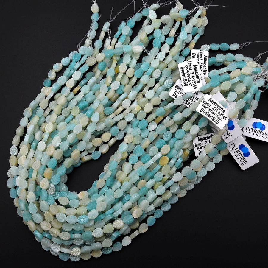 Natural Amazonite Hand Carved Leaf Gemstone Beads 15.5" Strand