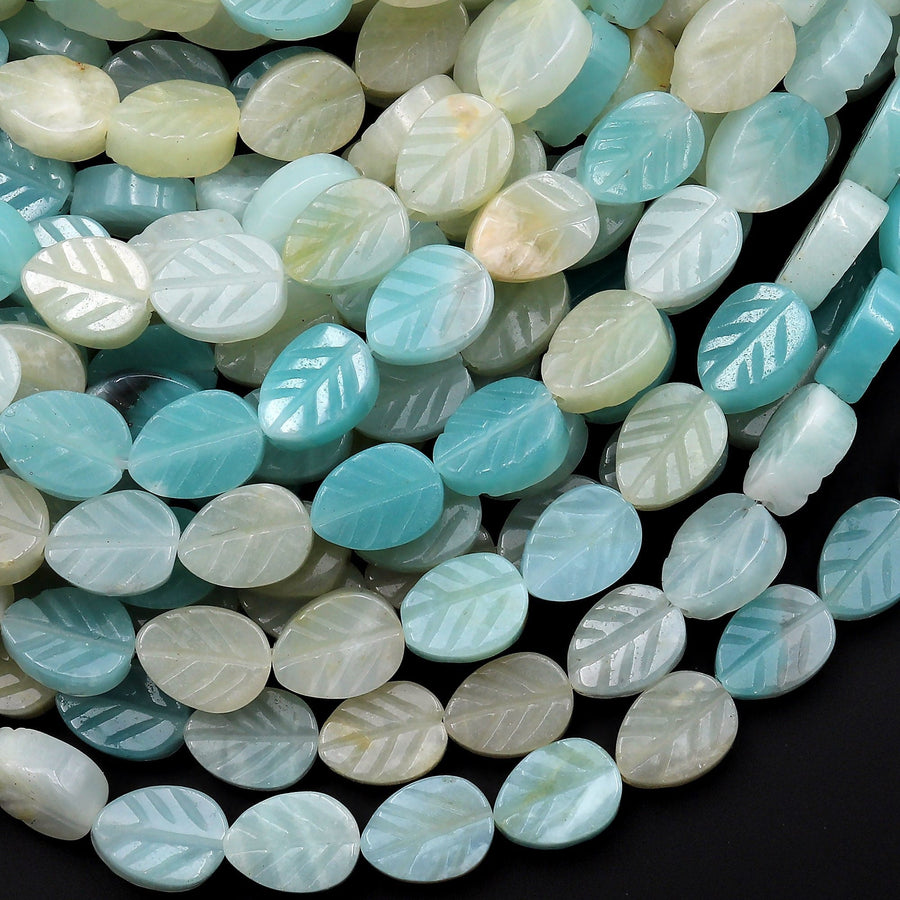 Natural Amazonite Hand Carved Leaf Gemstone Beads 15.5" Strand