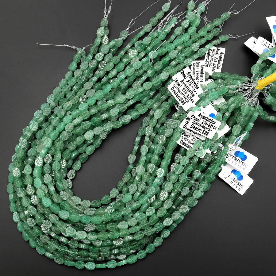 Natural Green Aventurine Hand Carved Leaf Gemstone Beads 15.5" Strand