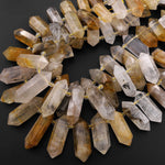 Top Side Drilled Natural Golden Dendritic Quartz Double Terminated Crystal Point Beads From Madagascar 15.5" Strand