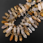 Top Side Drilled Natural Golden Dendritic Quartz Double Terminated Crystal Point Beads From Madagascar 15.5" Strand