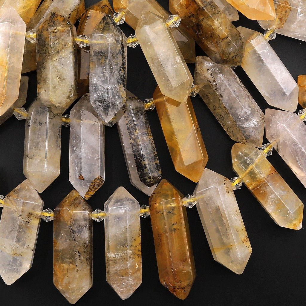 Top Side Drilled Natural Golden Dendritic Quartz Double Terminated Crystal Point Beads From Madagascar 15.5" Strand