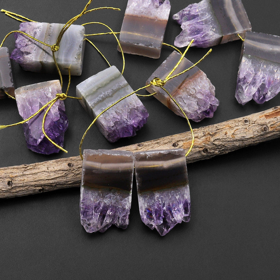 Small Natural Amethyst Stalactite Slice Matched Earring Gemstone Bead Pair A11