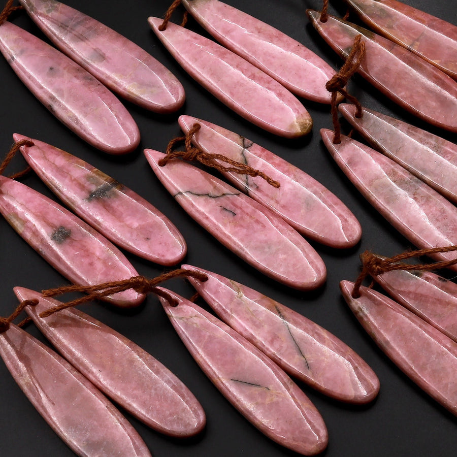 Natural Pink Rhodonite Earring Pair Teardrop Cabochon Drilled Matched Gemstone Bead Pair