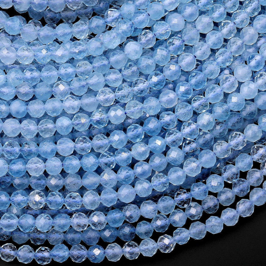 AAA Faceted Natural Blue Aquamarine 2mm 4mm Round Beads Extra Translucent Micro Laser Diamond Cut Gemstone 15.5" Strand
